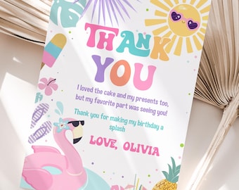 Pool Party Thank You Card, Tropical Birthday (Editable Template)
