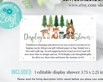 EDITABLE Woodland Display Shower insert Card, Display Shower Tags, Unwrapped Gifts, No Gift Wrap Digital Printable Template Instant Download