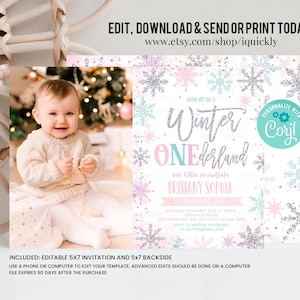 Editable Winter Onederland Invitation Girl Snowflake First Birthday Pink purple blue Winter Wonderland Invite 1st Birthday Template Download