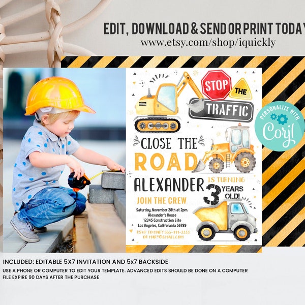 Editable Construction Invitation, Construction Birthday Invitations, Dump Truck Party Invite, Printable template Digital Instant download C1