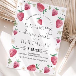 Berry 1st Birthday Invitation Editable Berry First Birthday Invite Strawberry Girl Birthday Party Printable Template Digital Download