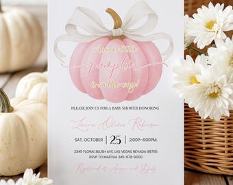 Little Pumpkin Baby Shower Invitation: Editable Fall invite Pink Bow Girl(Printable template Digital Download)