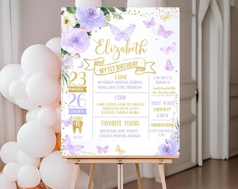 Butterfly Milestone Birthday Poster, EDITABLE Girl first Birthday stats sign 1st birthday poster Digital download template