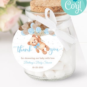 Bewerkbare Teddy Bear Baby Shower Gunsten Bear Baby Shower Bedankt tags Afdrukbare Bear Ballonnen Gift tags Favor tag template digitale download