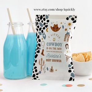 Modello di etichetta per borsa da cowboy modificabile per baby shower. Modelli di etichette per feste country Western Wild West stampabili Download digitale C102