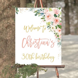 Letreros editables para fiestas de cumpleaños de adultos, letreros de bienvenida para cualquier edad, decoraciones, letreros para el jardín, letreros florales rosas digitales de 30, 40, 50, 60, 70, 80, 90 y 100 años