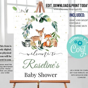 Woodland Baby Shower Welcome Sign, EDITABLE, Gender Neutral, woodland animals Birthday sign, Digital, Woodland Theme Instant download