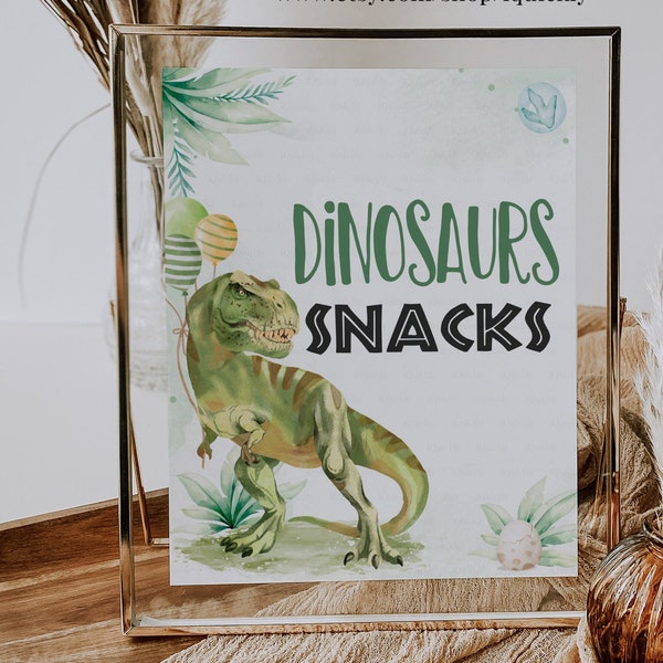 Dino Snacks Sign Table Decor Dinosaur Sign Dino Food Sweet Table Prehistoric Party Boy Green Gold Gift Table Leaves Sign PRINTABLE