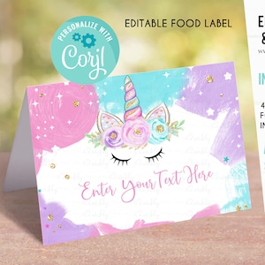 Etiquetas de comida de unicórnio EDITÁVEIS Etiqueta de buffet Cartão de barraca Etiquetas de comida Cartões de lugar Modelo de cartão de mesa para impressão, festa de unicórnio menina download instantâneo