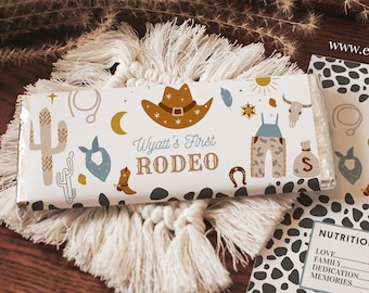REDIGERBAR Min första Rodeo godisbarspapper chokladkakapapper cowboyfestgåvor 1-årsdag digital nedladdning utskrivbar mall R102