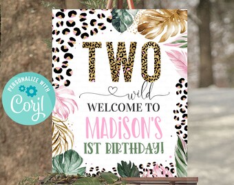 Signo de bienvenida de cumpleaños con estampado de leopardo EDITABLE, decoración del signo de cumpleaños de Girl Two Wild Safari Jungle, descarga instantánea de plantilla imprimible