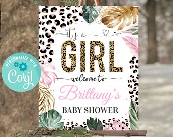 Cartel de bienvenida de Baby Shower con estampado de leopardo, decoración editable del cartel de cumpleaños de Safari Leopard Es una plantilla imprimible de descarga instantánea para niña