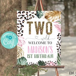 EDITABLE Leopard Print Birthday Welcome sign, Girl Two Wild Safari Jungle Birthday sign decoration  Instant Download Printable template