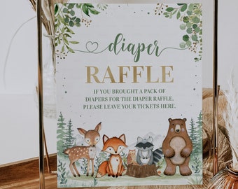 Woodland Diaper Raffle Sign, Printable Diaper Raffle Baby Shower Sign, Forest animals  Game Decoration Printable Digital Instant Download