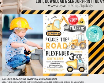 Editable Construction Invitation, Construction Birthday Invitations, Dump Truck Party Invite, Printable template Digital Instant download C1