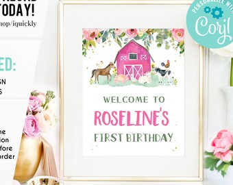 Panneau de bienvenue d’anniversaire de ferme, MODIFIABLE, Panneau d’anniversaire d’animaux de ferme de fille, décorations de fête à thème de ferme rose numérique Téléchargement instantané imprimable