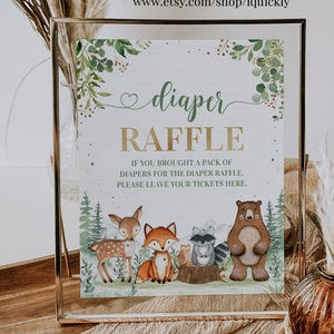 Signo de rifa de pañales del bosque, signo de baby shower de rifa de pañales imprimible, decoración del juego de animales del bosque descarga instantánea digital imprimible