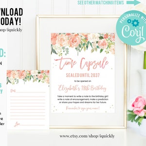 EDITABLE Floral Peach and Cream Time Capsule and Matching Note Cards Floral Blush Pink Gold 1st Birthday Time Capsule Instant download