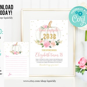 EDITABLE Pumpkin Time Capsule and Matching Note Cards, Little pumpkin Pink Gold 1st Birthday Time Capsule, Fall Autumn Instant download