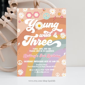 Editable Groovy Young Wild and Three 3rd Birthday Invitation Rainbow blue Van Birthday Invite Daisy Hippie Printable Instant Download