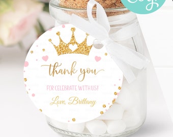 Editable Princess Baby Shower Favor tags, Pink and gold Little princess birthday Thank you tags, Gift tags Digital Instant download Template