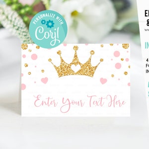 EDITABLE Princesa Etiquetas de comida Etiqueta de buffet Tarjeta de tienda rosa y dorada Etiquetas de alimentos Tarjetas de lugar Tarjeta de mesa Plantilla imprimible Chica Descarga instantánea