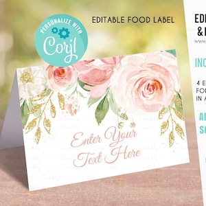 Étiquettes alimentaires florales roses blush modifiables, étiquette de buffet, étiquettes alimentaires de carte de tente, cartes de place, modèle imprimable de carte de table, téléchargement instantané de fille
