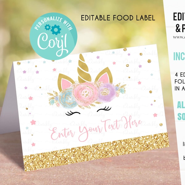 EDITABLE Unicorn Food tags Buffet label Tent card Food Labels Place Cards Table Card Printable Template, Unicorn party Girl Instant download