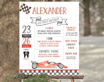 Racing car Milestone Poster, EDITABLE Racecar first Birthday Chalkboard sign, Vintage 1st poster Instant Digital download template FA02