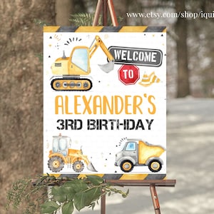 Segni di festa di compleanno di costruzione modificabili, autocarro con cassone ribaltabile Segno di benvenuto Decorazioni, Segno di cortile Download istantaneo Modelli stampabili C1