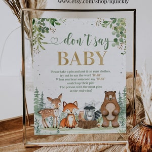 Woodland Don't Say Baby Shower Game Sign, Animales del bosque Shh Don't Say Baby Shower Games, Descarga instantánea digital imprimible