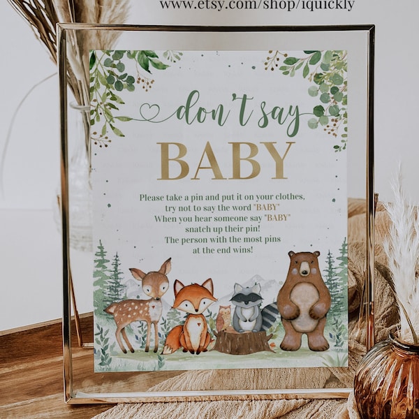 Woodland Don't Say Baby Shower Game Sign, Forest animals Shh Don't Say Baby Shower Games,Printable Digital Instant Download