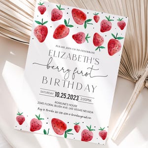 Berry 1st Birthday Invitation Editable Berry First Birthday Invite Strawberry Girl Birthday Party Printable Template Digital Download