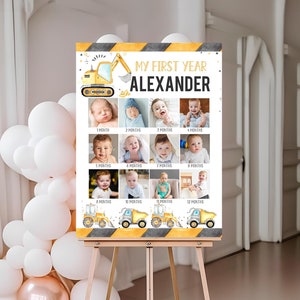 Affiche photo du 1er anniversaire de la construction, modifiable, tableau des jalons de la première année de bébé, affiche des jalons mensuels modèle imprimable numérique C1