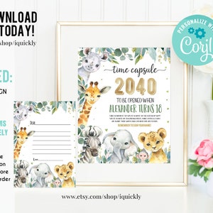 BEWERKBARE Safari Tijdcapsule en bijpassende notitiekaarten, Jungle dieren 1e verjaardag Tijdcapsule, Wild één eerste verjaardag Instant download