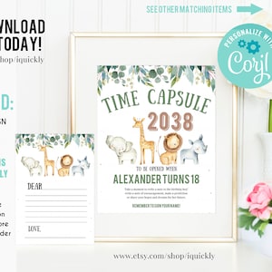 BEWERKBARE Safari Tijdcapsule en bijpassende notitiekaarten, Jungle dieren 1e verjaardag Tijdcapsule, Wild één eerste verjaardag Instant download