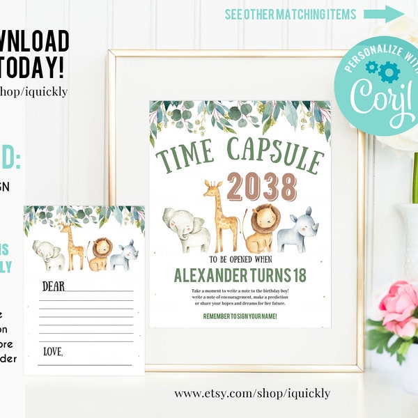 EDITABLE Safari Time Capsule and Matching Note Cards, Jungle Animals 1st Birthday Time Capsule, Wild one First Birthday Instant download