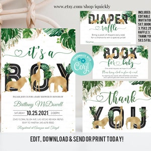 EDITABLE Jungle Gold Baby Shower Invitations Set Boy Wild One Baby Shower Invite Bundle Safari Animals Inserts Template Instant Download