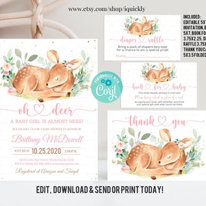 Editable Oh Deer Baby Shower Invitation Bundle, Floral Girl Baby deer Shower Invite Set Template Printable Digital Instant download image 1