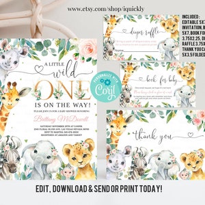 EDITIERBARE Wild One Safari Baby Shower Einladungen Set, Mädchen Wild One Baby Shower Invite Bundle, Dschungel Tiere Vorlage Instant Download