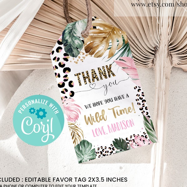 Editable Leopard Print Birthday Party Favor tags Labels Jungle Wild Child Gift Tags Leopard Print Jungle Birthday Party Favor Template LE006