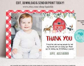 Editable Red Farm Birthday Thank You Card Boys Instant Download Red ...