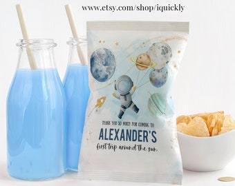 Editable Outer Space Birthday Chip bag label 1st Birthday Boy Galaxy Planets Trip Around the Sun Astronaut Template PRINTABLE Corjl FT103