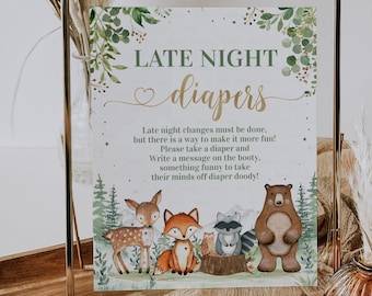 Woodland Late Night Diapers Baby Shower Game, Printable Late Night Diapers Baby Shower ,Forest animals Digital Download Instant Download