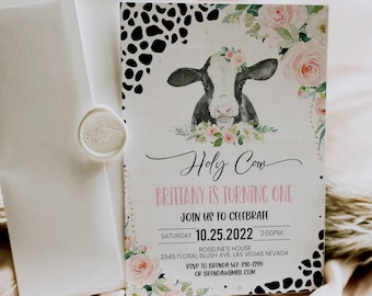 Editable Cow Theme Birthday Party Invitation Holy Cow I'm One Invite Girl Pink Floral Farm Cow First Birthday Template Instant Download