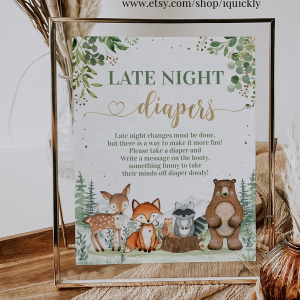 Woodland Late Night Diapers Baby Shower Game, Printable Late Night Diapers Baby Shower ,Forest animals Digital Download Instant Download