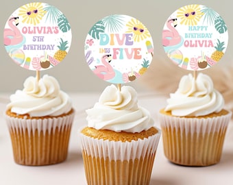 Pool Party Cupcake Topper Editable Tropical Splish Splash Girl Cake label Summer Pool Gifts tags Splash Pad Party Any age Digital PP303