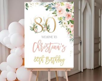 80e anniversaire signe de bienvenue modifiable moderne fête de bienvenue signe Floral personnalisé minimaliste modèle imprimable en téléchargement numérique
