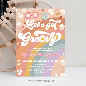 Editable ANY AGE Pink Groovy Van Daisy Rainbow Let&#39;s Get Groovy Birthday Invite Hippie Birthday Invitation Pritable Instant Download
