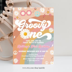 Editable Groovy ONE birthday invitation Pink Daisy Rainbow Groovy Van 1st Birthday Invite Retro Hippie Party Template Instant Download